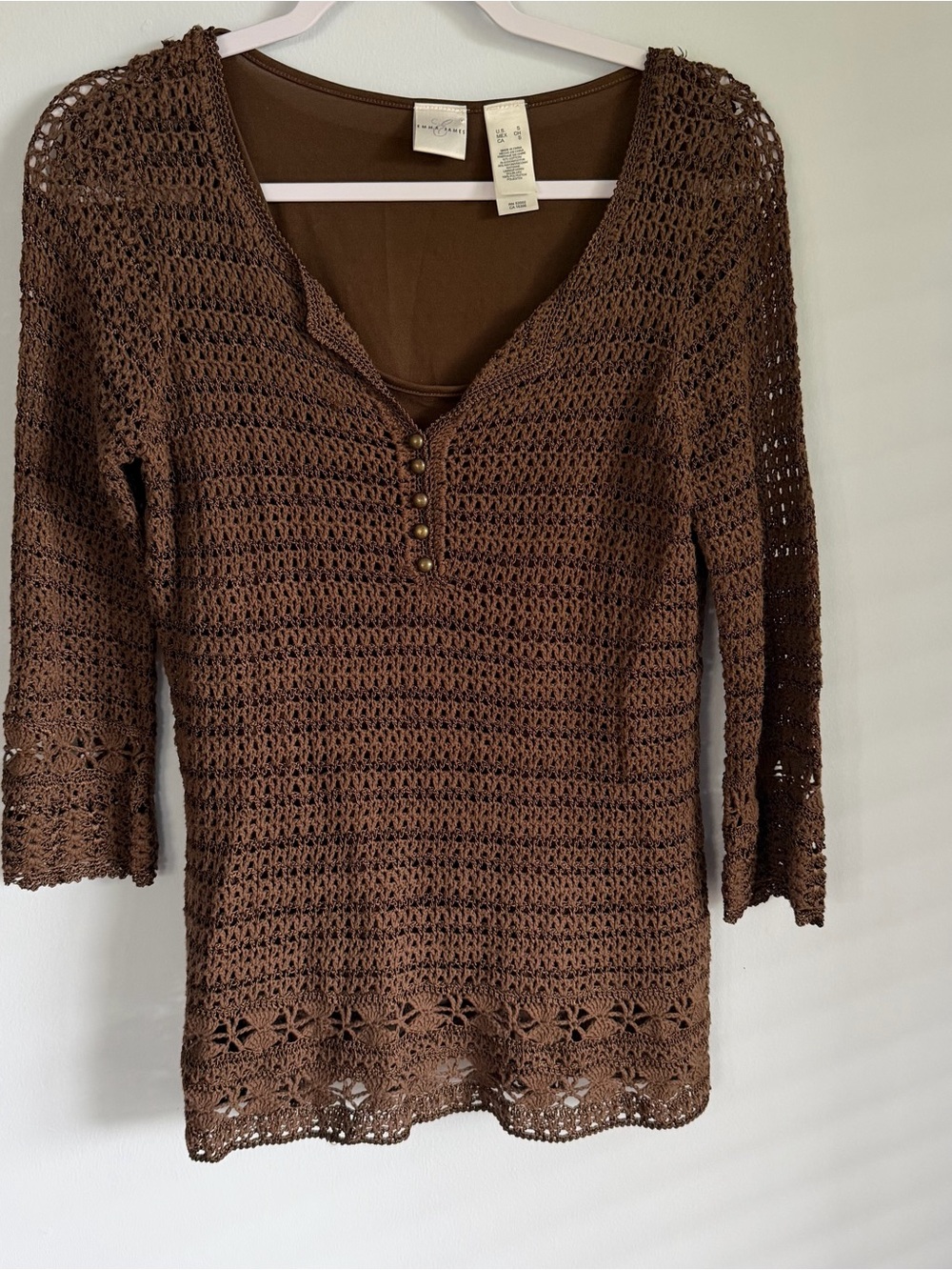 Emma James Womens Small Brown Open Knit Crochet Henley Top 3/4 Sleeve Y2K Boho